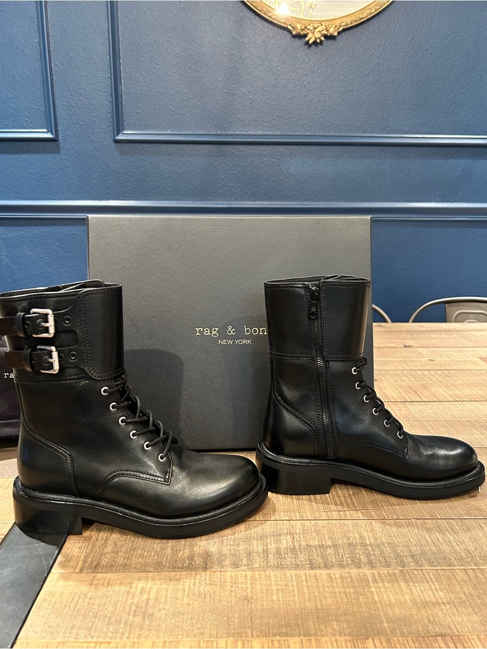 rag & bone Black Leather Lace-Up Buckle Boots